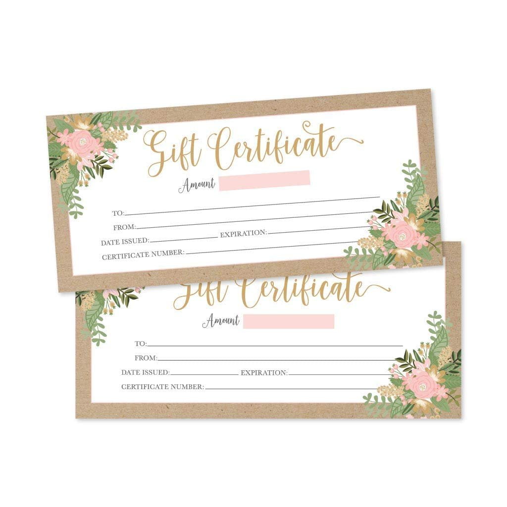 25 4x9 Rustic Floral Gift Certificate Cards Vouchers For