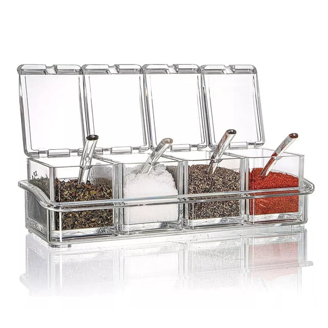 Especiero organizador de acrílico con 4 recipientes multiusos y 4 cucharas Multiuso Para Cocina Almacenamiento De Especias Condimentos Transparente