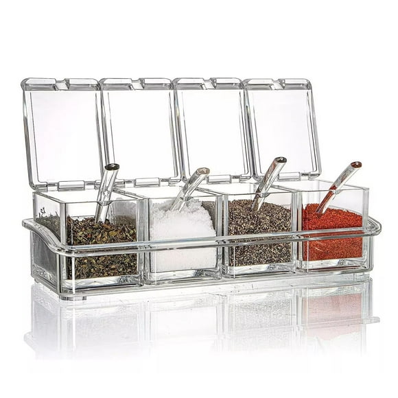 Especiero organizador de acrílico con 4 recipientes multiusos y 4 cucharas Multiuso Para Cocina Almacenamiento De Especias Condimentos Transparente