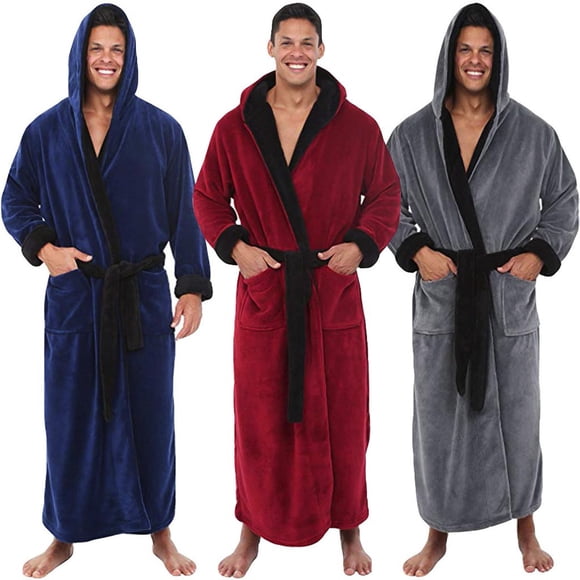JGJNFE Mens Robe,Pajamas for Men,Men Color Blocked Hooded Long Bathrobe with Tie Belt Plus Size and Plush Lining for Home Comfortable Blue 2XL