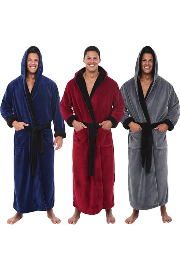 Mens Bathrobes, Mens Robe with Hood Full Length Plushed Robe for Men Long Fleece Bathrobe With Pockets and Belt Bathrobe Loungewear Nightwear