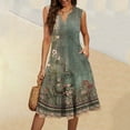 thumbnail image 2 of WTOBBY Women's Vintage Floral Print Summer V-Neck Casual Dress Sleeveless Pleated Ruffle Hem Dress for Garden Parties and Tea Events,Army GreenM, 2 of 5