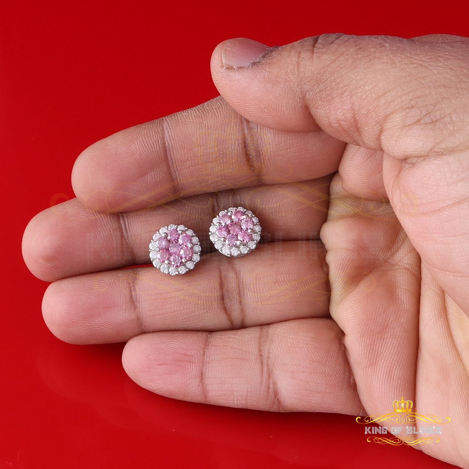 King of Bling's Men's/Women's 925 Silver White 2.00ct VVS D Pink Moissanite Round Stud Earrings