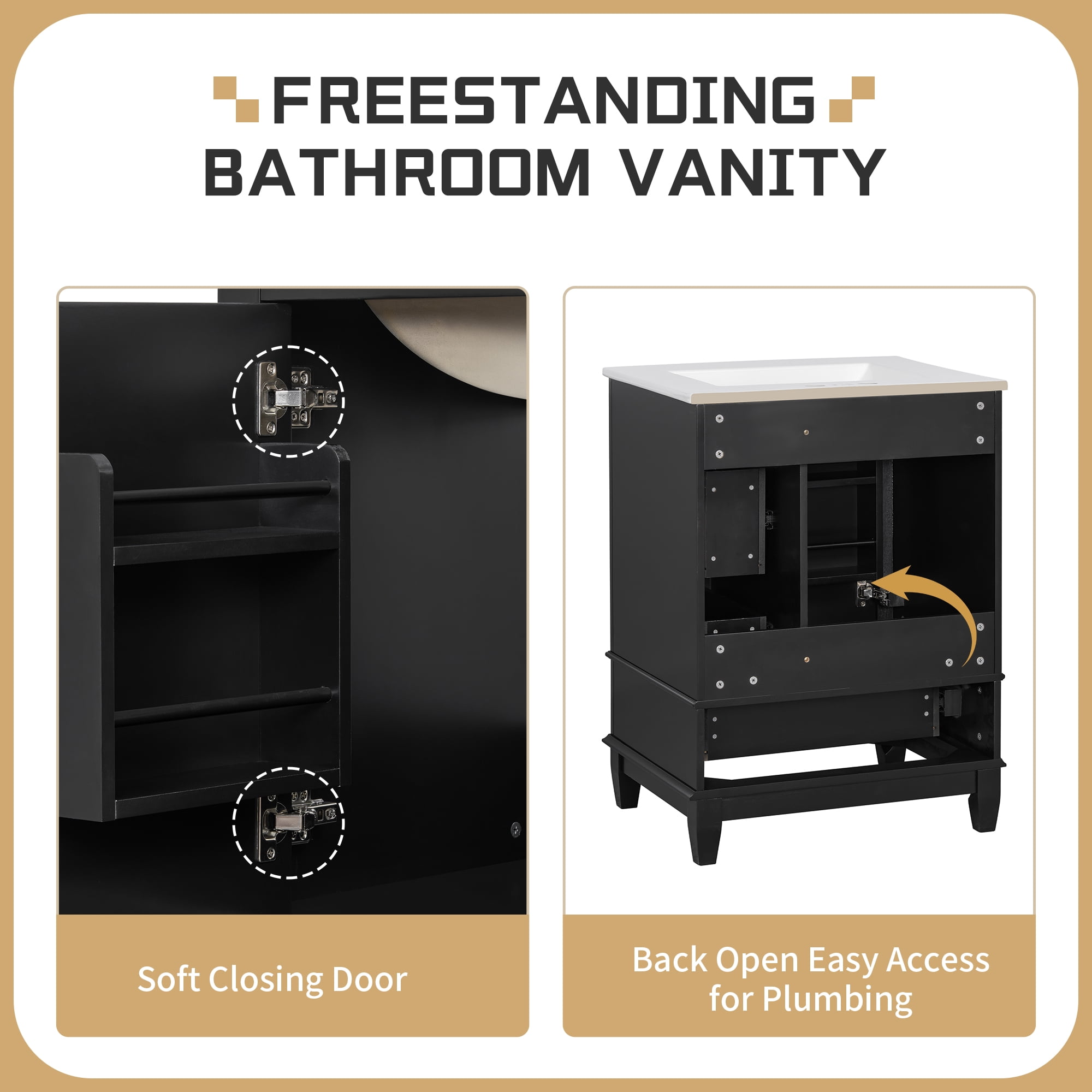 Aukfa 24" Bathroom Vanity with Ceramic Sink, Freestanding Solid Wood Base Cabinet,3 Drawers & Side StorageBlack