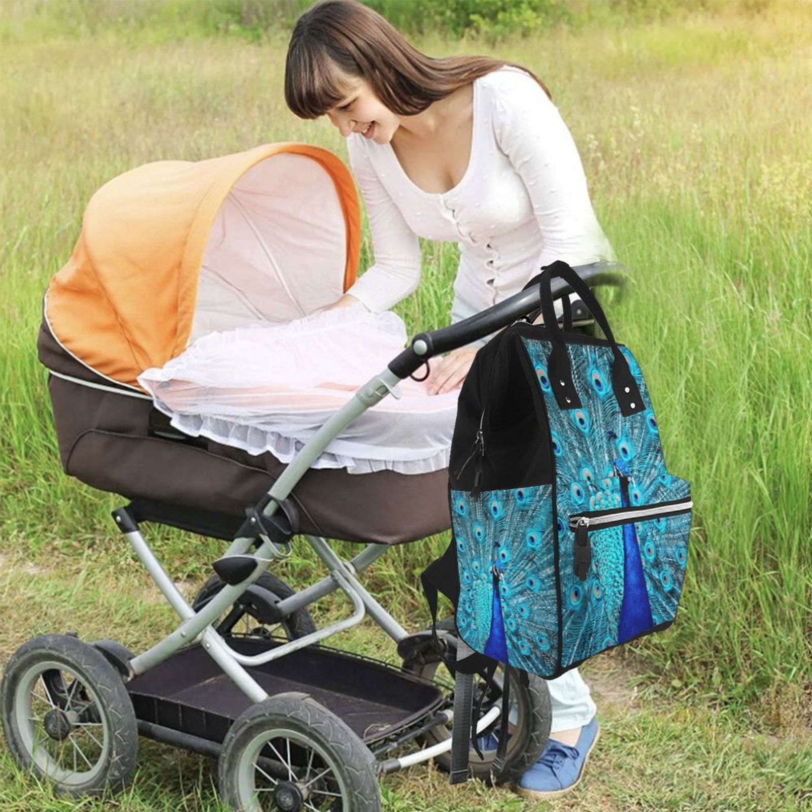 Ratiio Beautiful Blue Peacock Mummy Backpack - Waterproof Twill Canvas, Large Capacity Diaper Bag with Multiple Pockets and Adjustable Straps