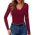 thumbnail image 2 of Delayuji Women's Long Sleeve Shirt Basic Layer Spring Solid Color V Neck Lace Mesh Sleeve Splicing Slim Fit Long Sleeved T Shirt Red, 2 of 7