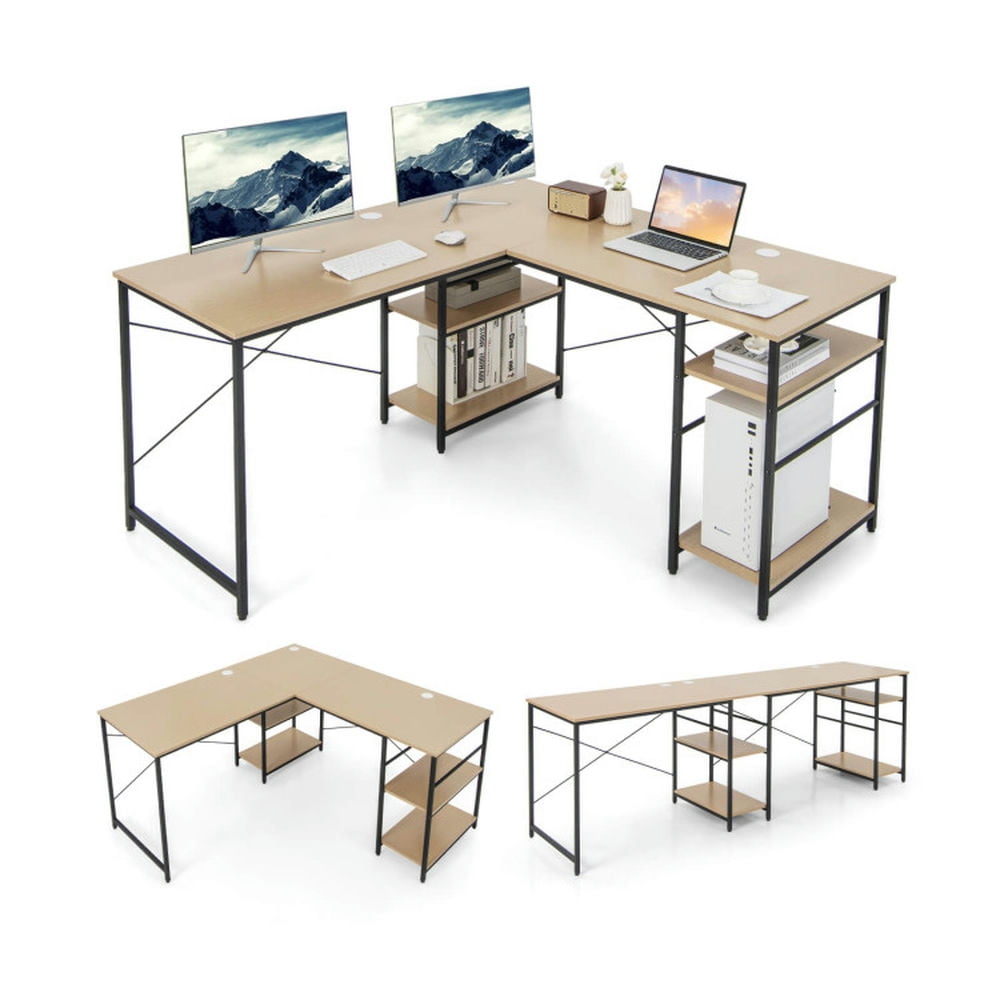 Demi Bonn L Shaped Computer Desk with 4 Storage Shelves and Cable Holes, Small Home Office Desk Study Writing Table, Natural