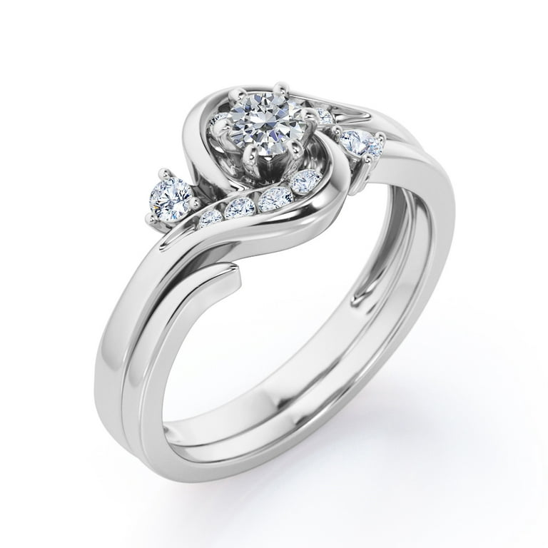 6 Prong Tension Design - 0.33 TCW Round Shaped Diamond - Flush Chanel Wedding Ring Set - 10K White Gold, Women's, Size: 5