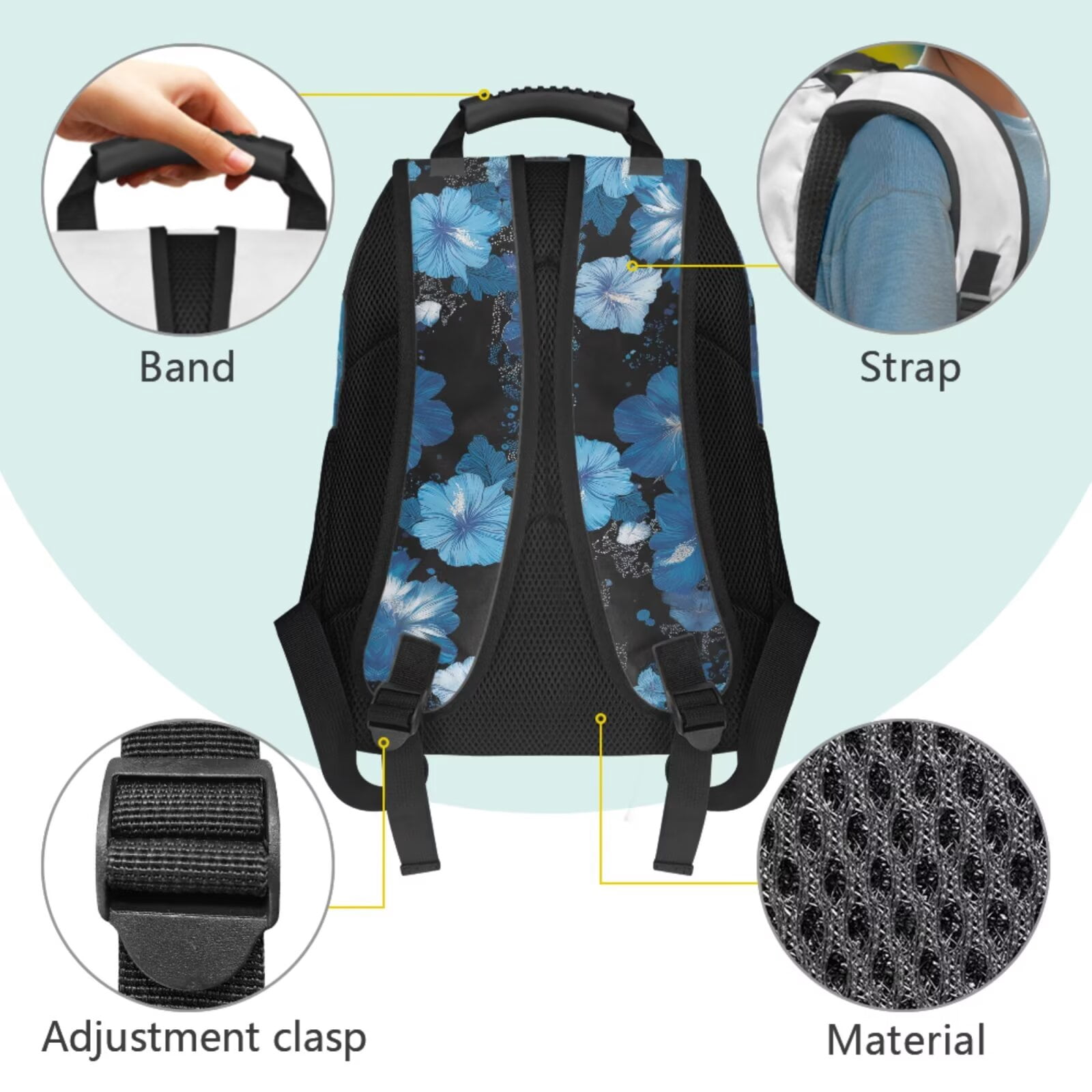 Pzuqiu Blue Floral Dolphin 4 Piece School Backpack Set Backpacks for Teens Girls with Lunch Box Pencil Case 2pcs Bookmark,17 Inch Large Travel Rucksack Schoolbag for Middle School