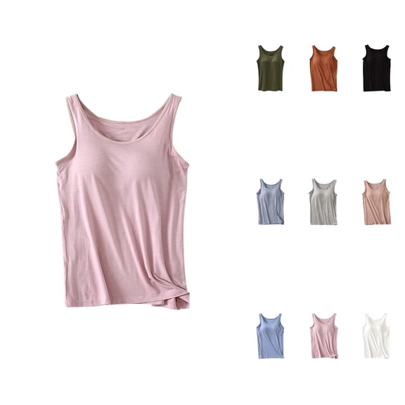 Women's Tank Tops with Built-In Bra – Padded Sleeveless Crew Neck Camisole for Summer Casual, Workout & Yoga, Plus Size Wide Strap Basic Top