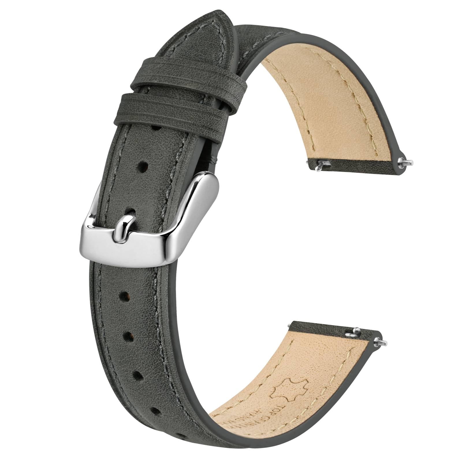 BISONSTRAP Elegant Leather Watch Straps, Quick Release, Watch Bands for Women and Men, 12mm, Dark Grey (Silver Buckle)