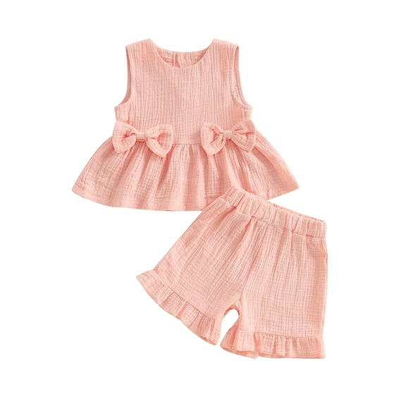 Toddler Kids Girl Summer Clothes Set 12 18 24 Months 2T 3T 4T 5T Solid Color Bow Round Neck Tank Tops Elastic Waist Ruffled Shorts 2 Pcs Outfits