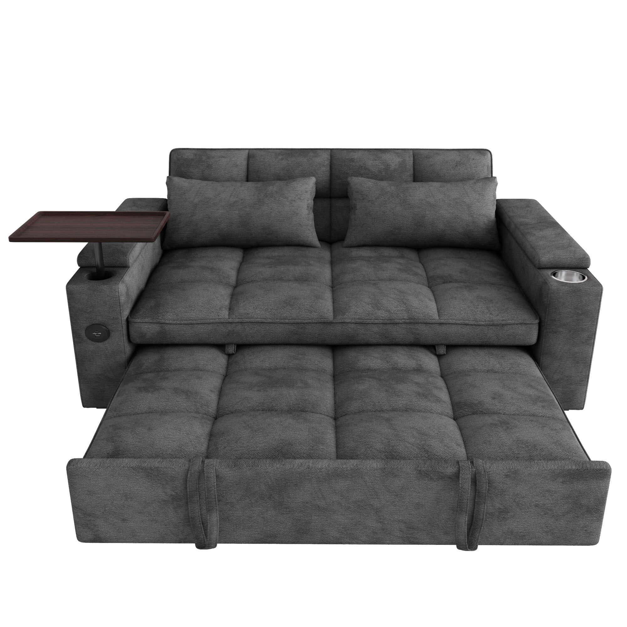 DEALTOPS 65" 3-in-1 Sleeper Sofa Bed, 3-Position Pull Out Couch with 90° Swivel Table, USB & Storage, Chenille, Gray