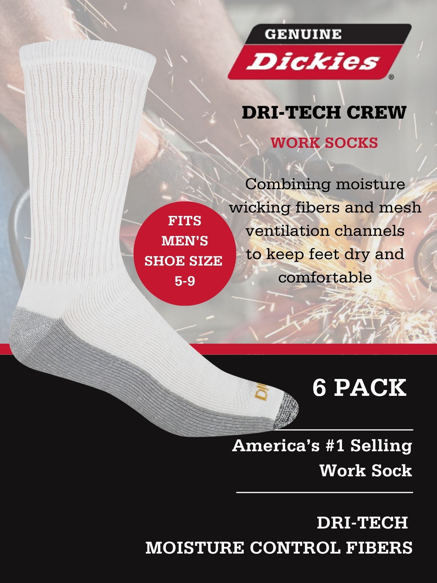 Genuine Dickies Men's Dri-Tech Crew Socks, 6-Pack, Sizes 6-15