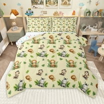 Homewish Lovely Lions Monkey Queen Comforter Set,Zoo Animal Zebra Bedding Sets,Yellow Green Bedding Comforter Set For Boys Teens，Luxury Bedroom Decor Reversible,3-Piece