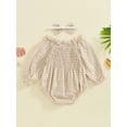 thumbnail image 6 of Hirigin Newborn Infant Baby Girl Cotton Linen Plaid Romper 0 3 6 12 18 Months Off Shoulder Long Sleeve Smocked Bodysuit with Headband, 6 of 8