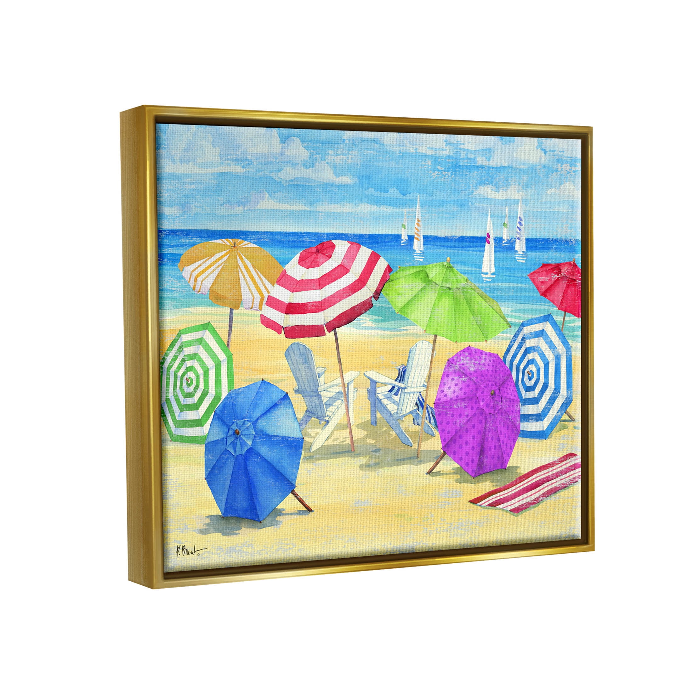 Stupell Industries Umbrella Coast Vibrant Beach Landscape Painting Metallic Gold Floating Framed Canvas Print Wall Art, Design by Paul Brent