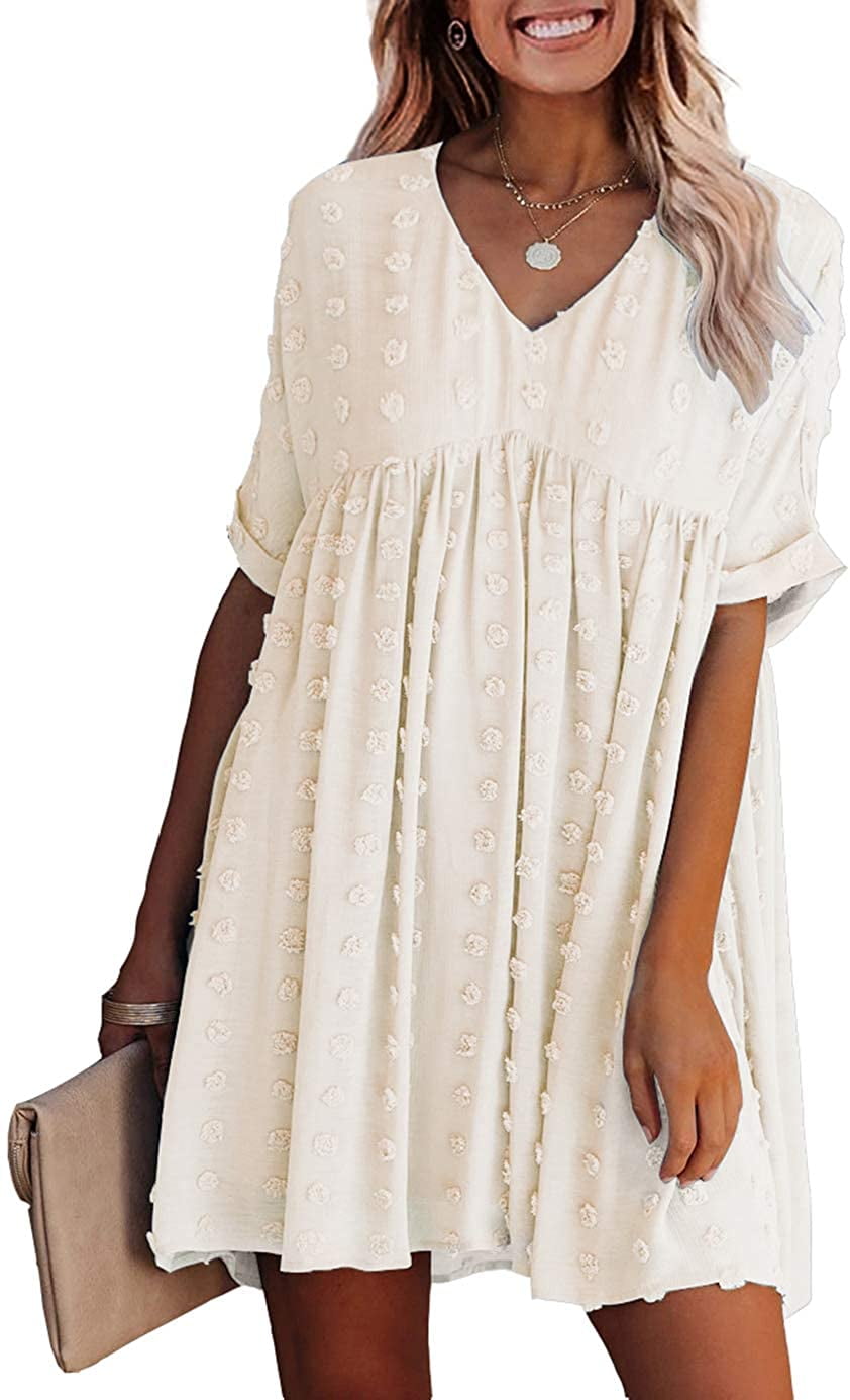 V Neck Flowy Casual Dress Swiss Dot 