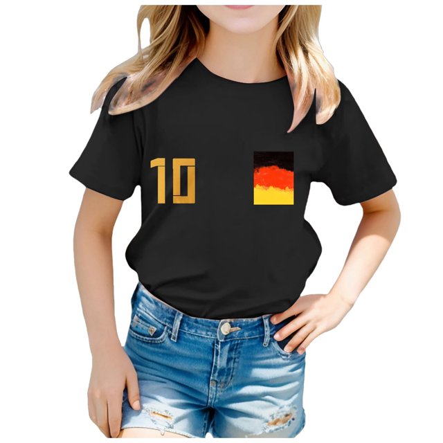 LUOGENLI T-Shirt pour Filles 2025 T-Shirt d'Équipe de Mode Coupe d'Europe pour Enfants Imprimé Manches Courtes Col Rond Haut T-Shirt 10 Maxi Chemises pour Filles Longueur Midi Longue Hauts Décontractés Noir 10-11 Ans