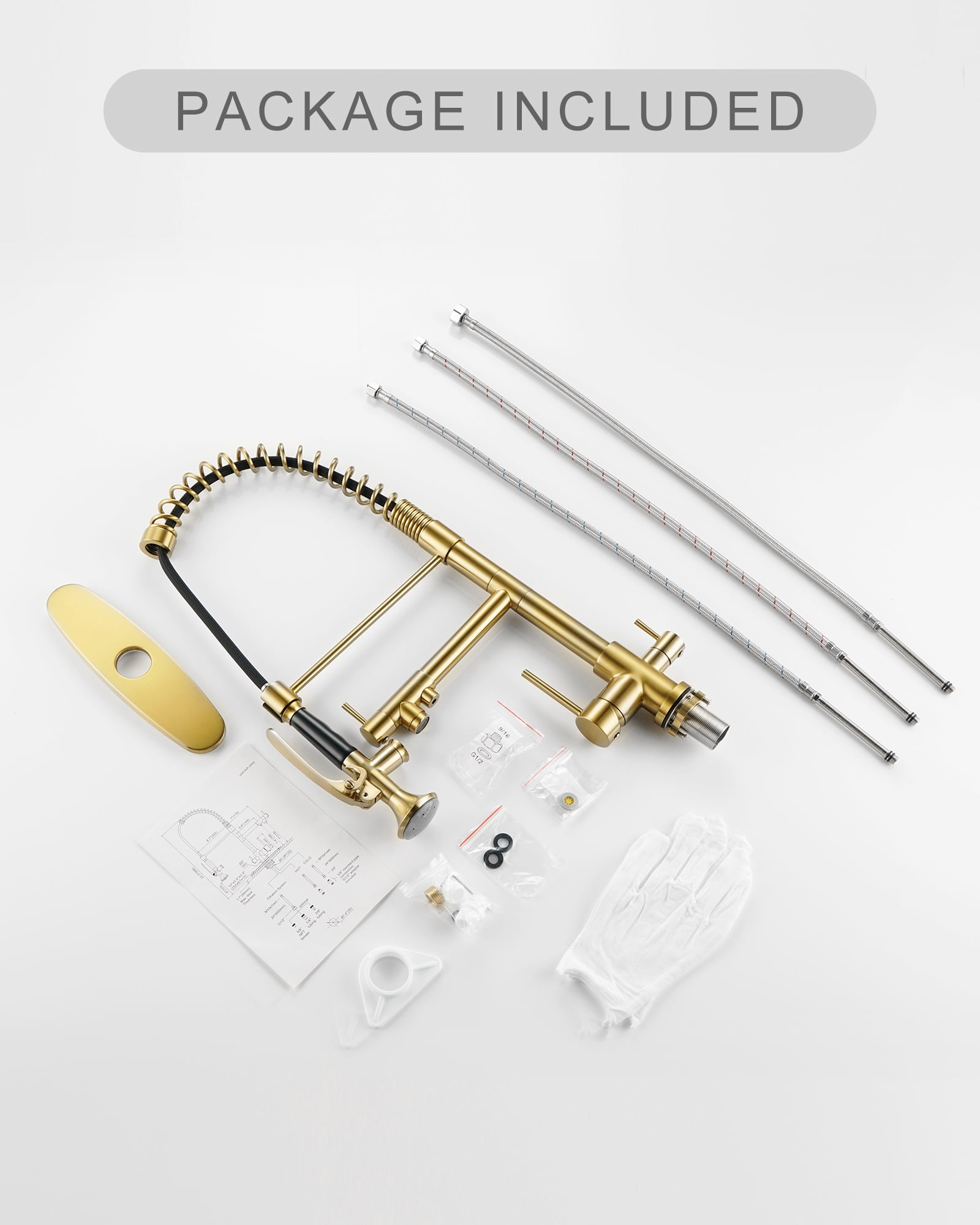 WOWOW Double-Handles Pull Down Sprayer Kitchen Faucet with Drinking Water for 1 or 3 Hole in Solid Brass in Gold