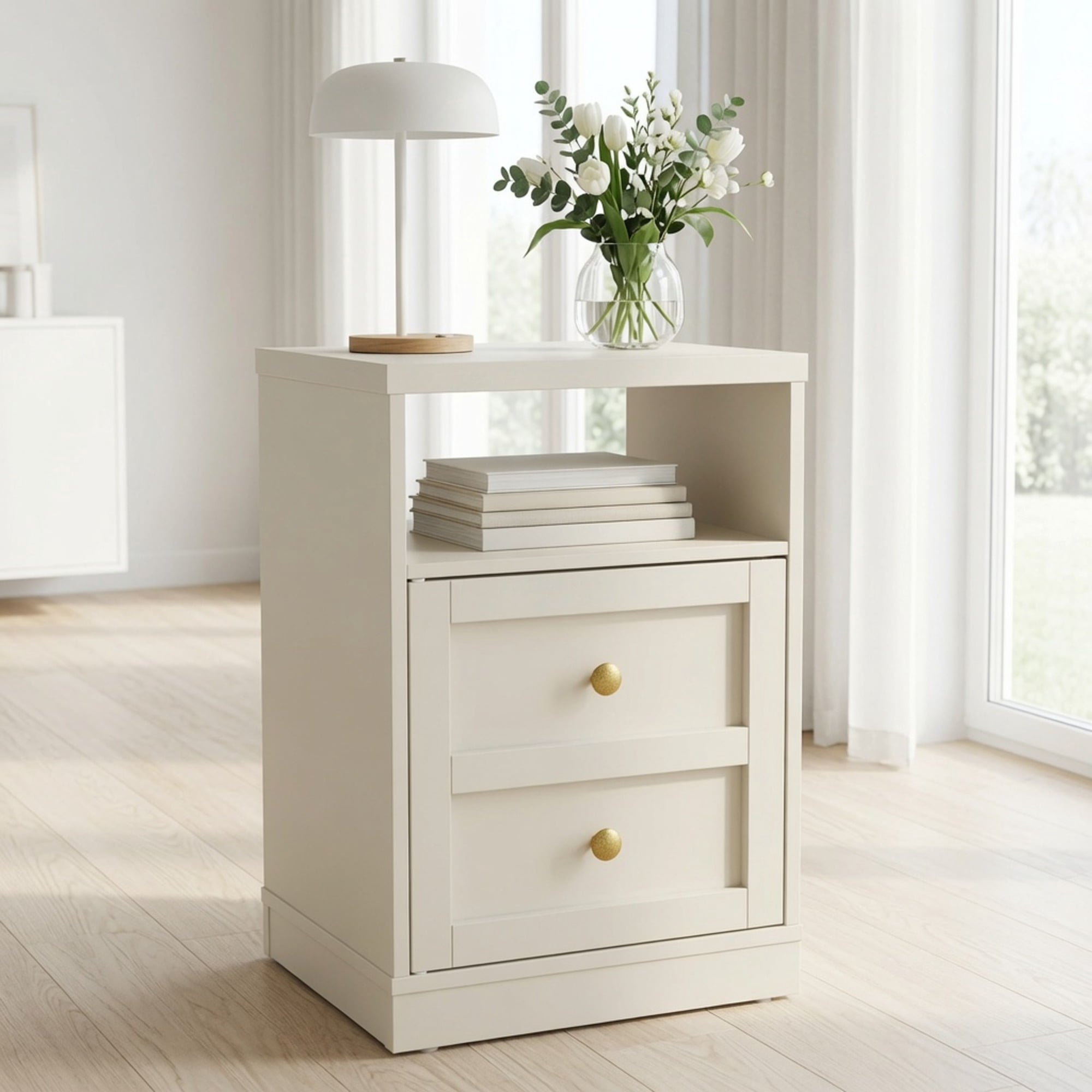 15.7in Wide Beige Engineered Wood Nightstand, Modern Faux 2-Drawer Side Table with Door & Open Storage Shelf, Small Bedside Table for Bedroom Dorm Apartment