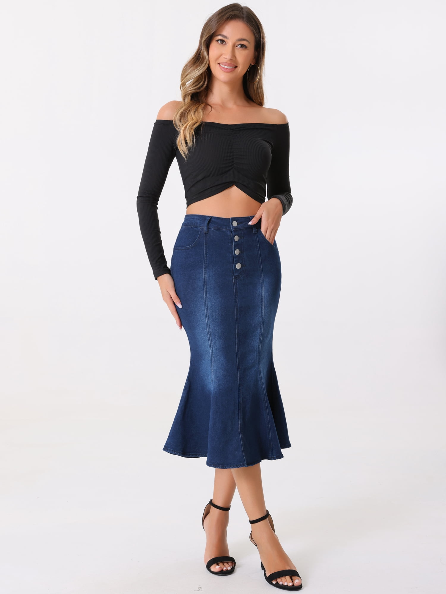 DARING DIVA Women's Soft Elegant Washed Fishtail Casual Midi Denim Skirt XS Black Blue