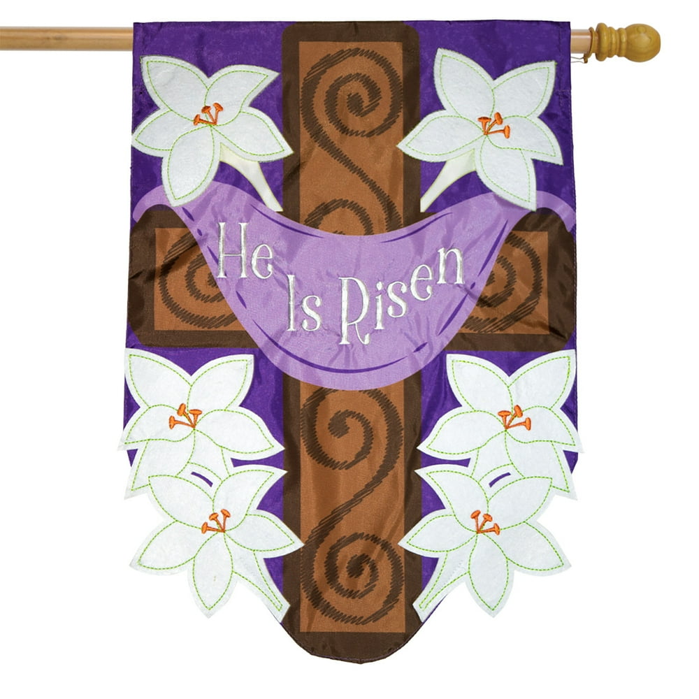 He Is Risen Cross Applique Easter House Flag Lilies Religious 28" x 40