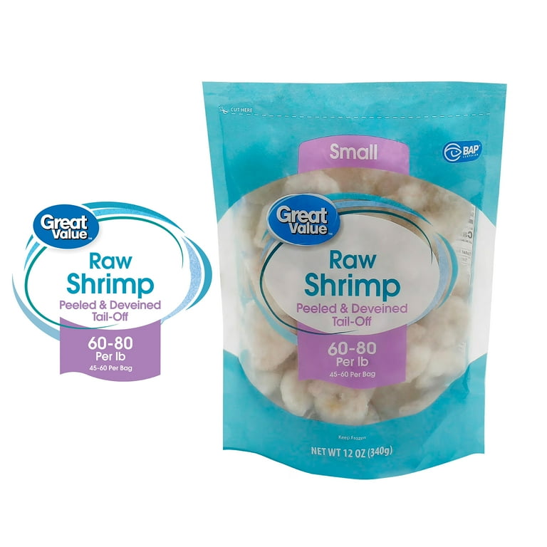 Great Value Frozen Raw Small Peeled & Deveined, Tail-off Shrimp, 12 oz (60-80 Count per lb)