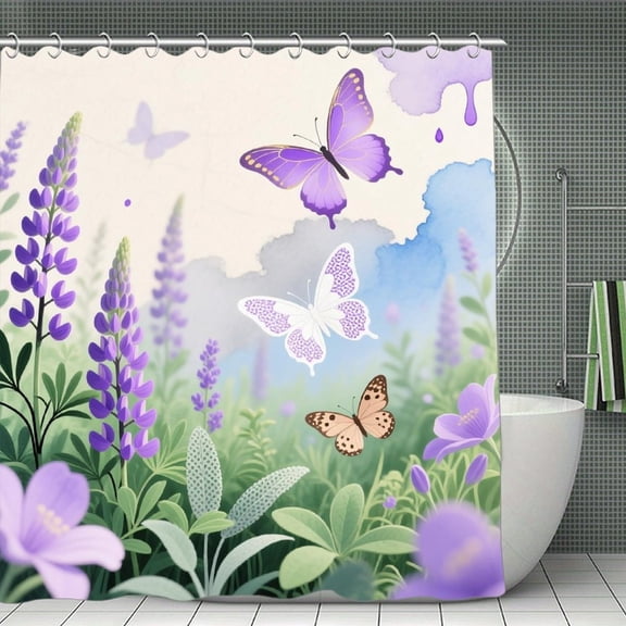 Lavender Purple Print Shower Curtain,Modern Fabric Waterproof Shower Curtain Set with Hooks 70.8×70.8Inch (180×180cm)