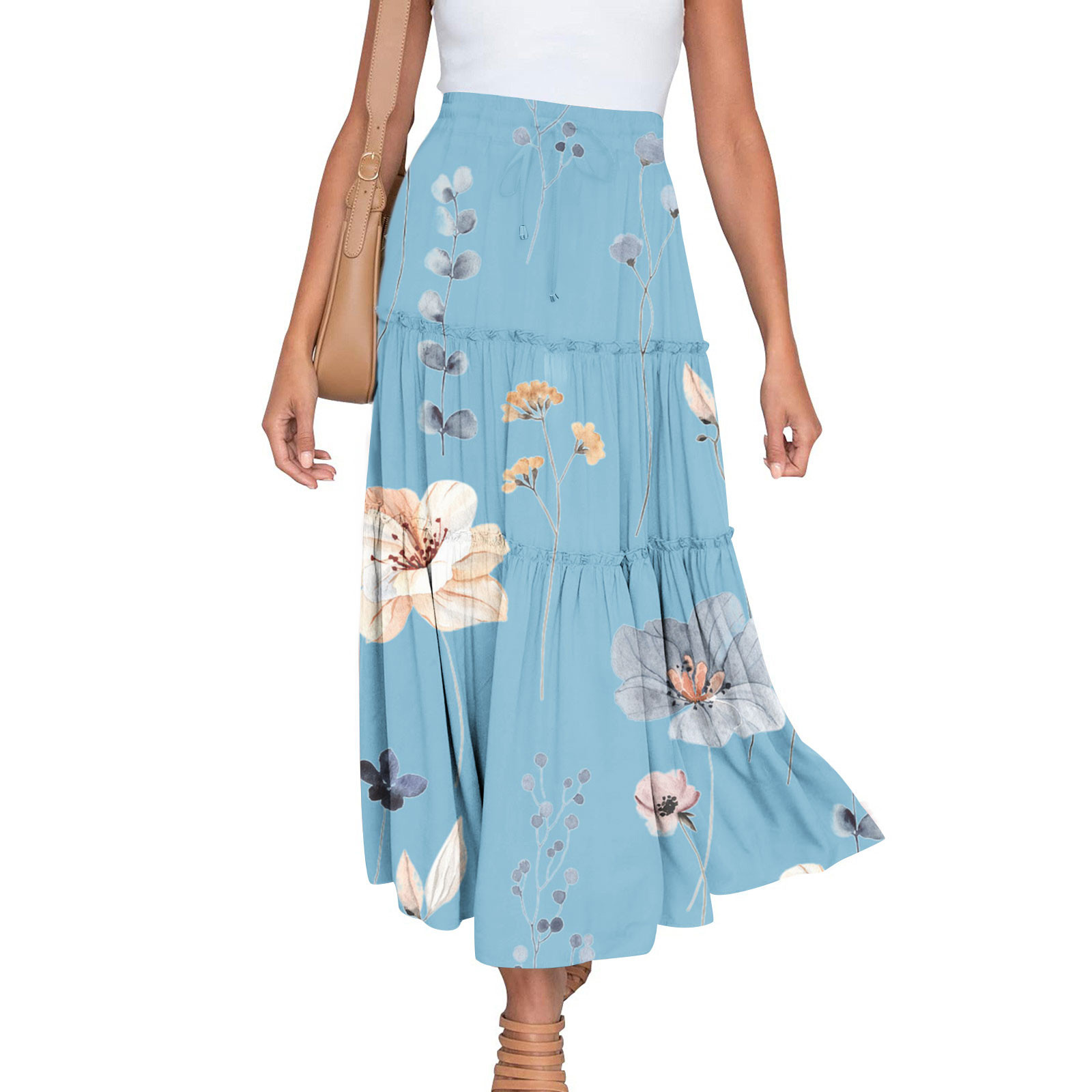 ShomPort Boho Midi Skirts for Women Elastic High Waist Flowy Swing Long