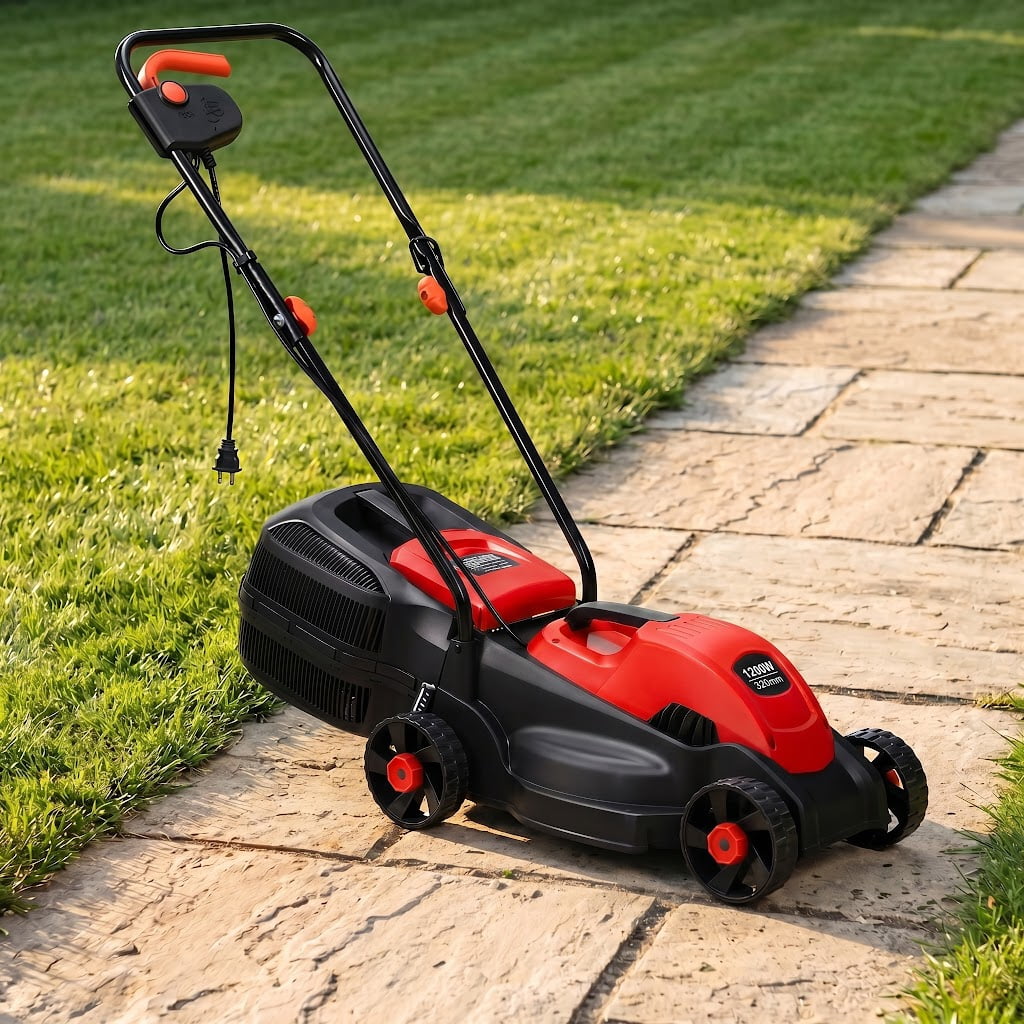 Kadyn 14 Inch 12 Amp Electric Push Corded Lawn Mower with 30L Grass Bag, 3 Adjustable Cutting Heights, Foldable Handle, One-Touch Start, Red