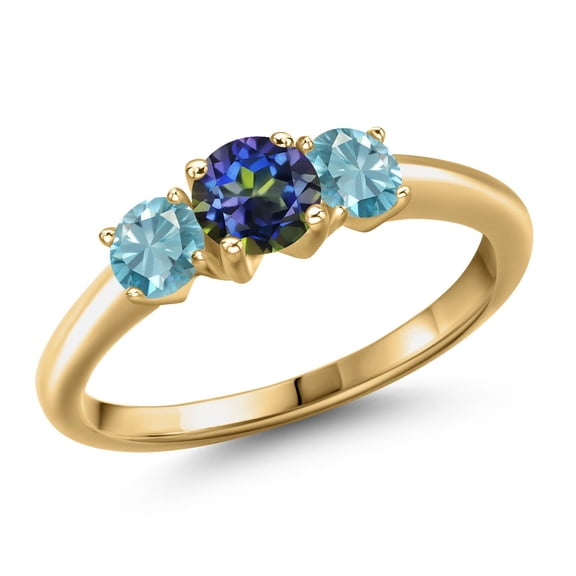 Gem Stone King 18K Yellow Gold Plated Silver Blue Mystic Topaz and Blue Zircon Engagement Ring for Women | 1.50 Cttw | Round 5MM | Gemstone November Birthstone | Size 8