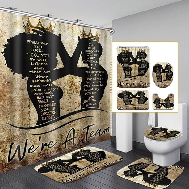 Juego de cortina de ducha Queen negra, juego de baño para mujer Gold Ray con cortina de ducha y alfombras, tapa de inodoro, tapete de baño, cortinas de ducha de tela impermeables Valentines con