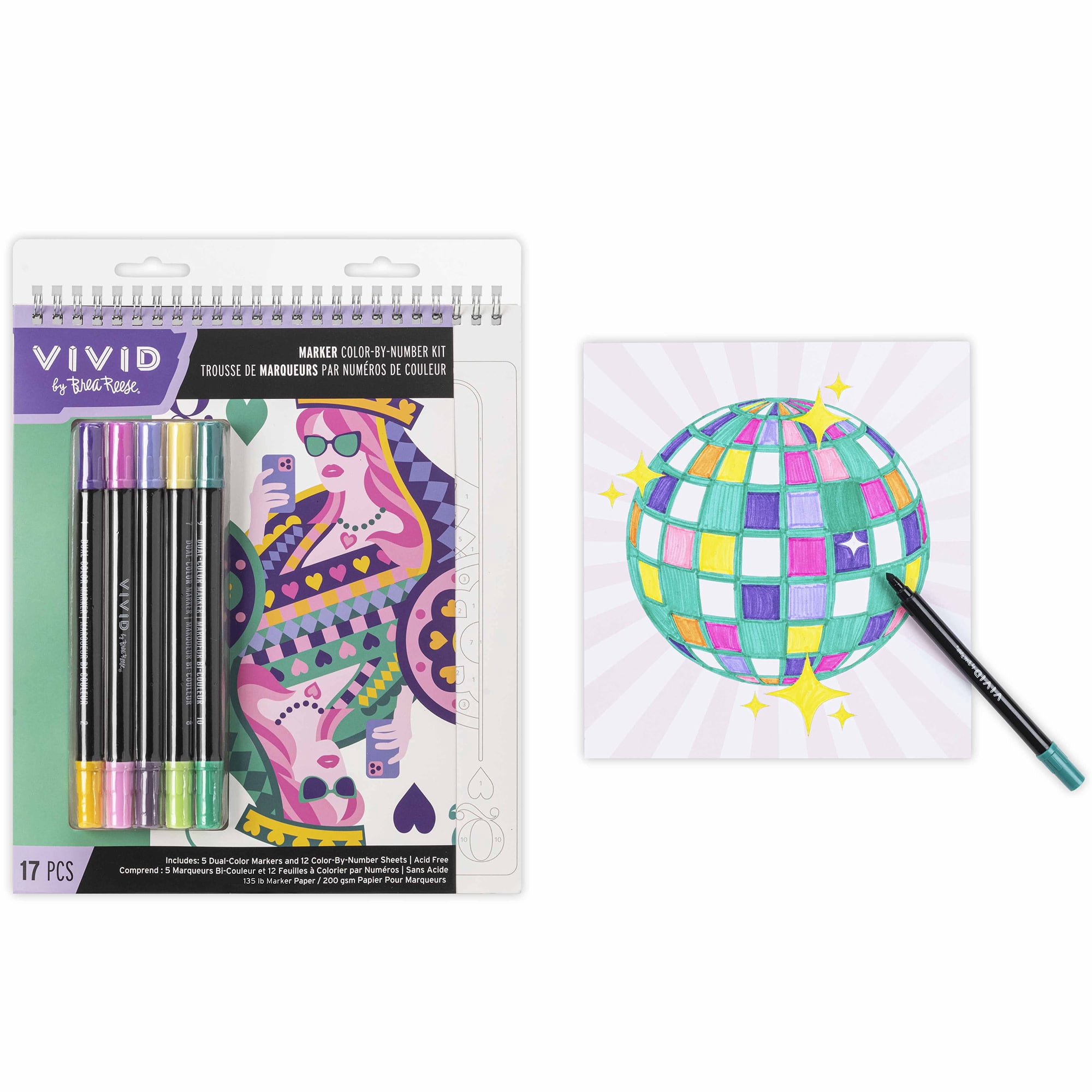 Vivid by Brea Reese: Marker Color-By-Number Kit - Queen of Hearts -5 Dual-Sided Markers, 12 Design Coloring Pages, Retro Vibrant Themed Spiral Art Pad