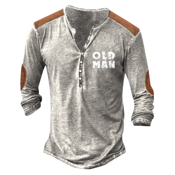 Men'S Printed T-Shirt Outdoor Retro Button Loose Long Sleeve Top2XL