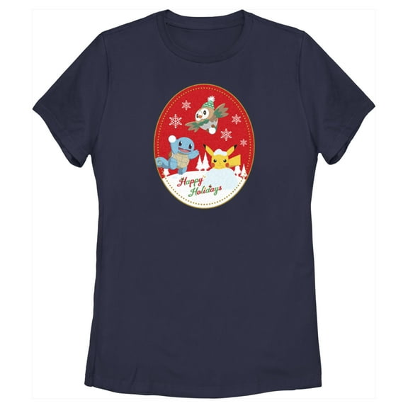 Women's Pokemon Christmas Happy Holidays Patch Graphic Tee Navy Blue Small