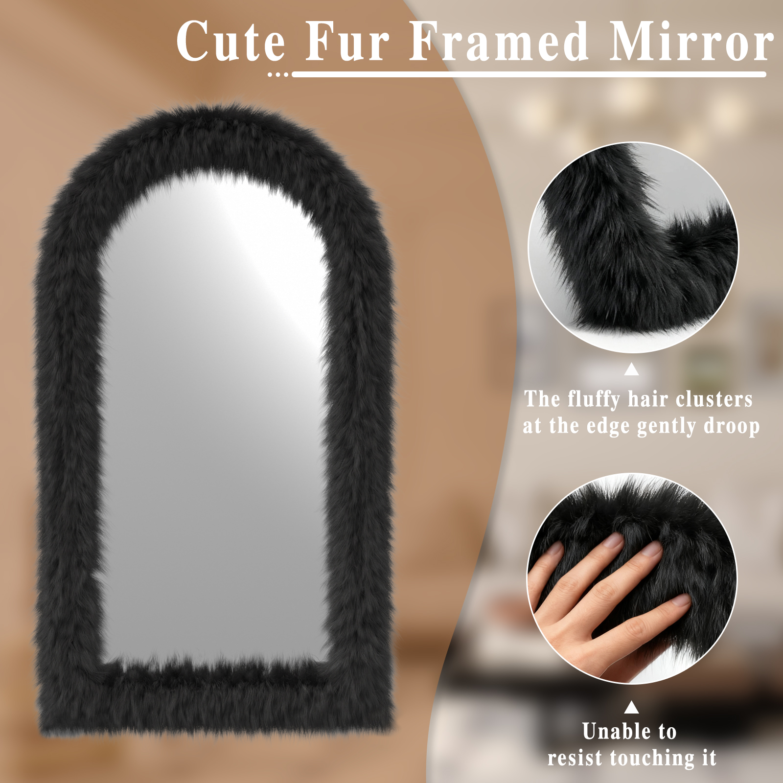 Easy4Home 71"x32" Large Fluffy Arch Full-Length Floor Mirror Dressing Mirror with Fuzzy Frame for DIY, Black