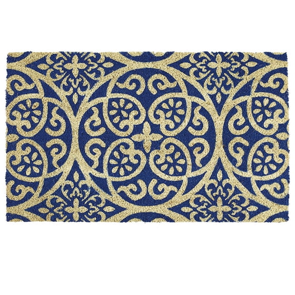 DII Natural Coir Geometric Modern Outdoor Door Mat, Front Porch Decor, 17x29", Blue Tunisia Scroll