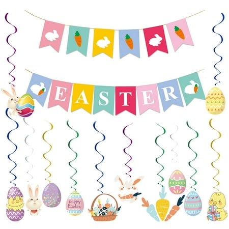 

1 Set Easter Carrot Bunny Pattern Banner Easter Spiral Egg Rabbit Pendants