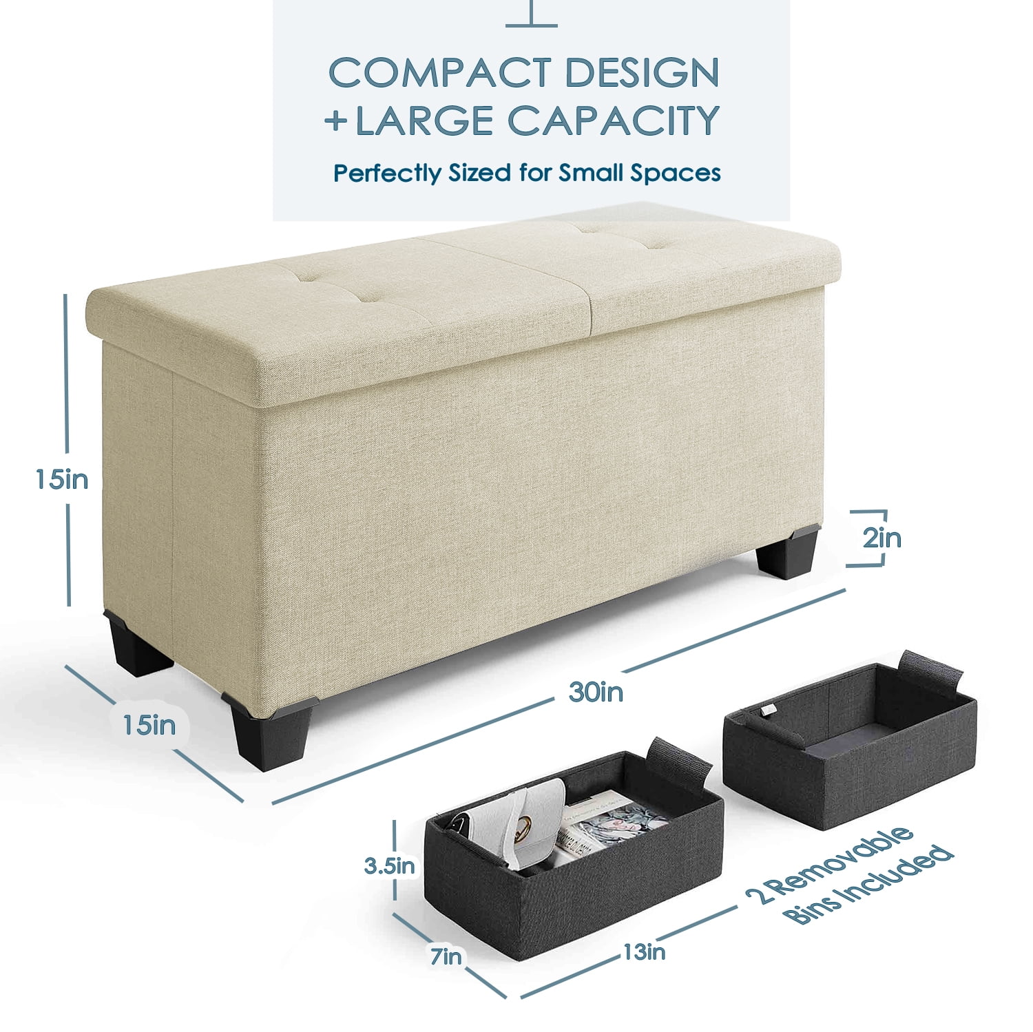 Storagebud Ottoman Storage Bench, Linen 30" Storage Ottoman Bench, White