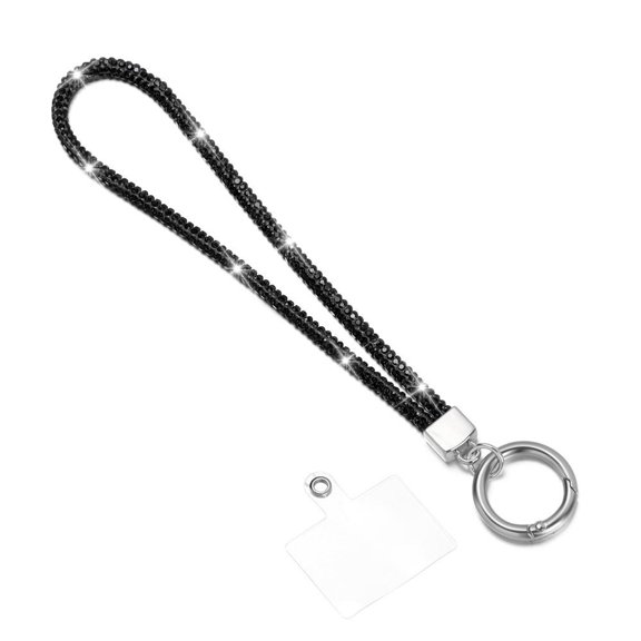 Glitter Keychain Bright Crystal Anti-lost Rope Wrist Straps Hanging Cord Rhinestone Phone Lanyard BLACK