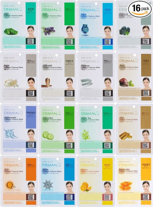 Dermal Korea Collagen Essence Full Face Facial Mask Sheet, 16 Combo Pack