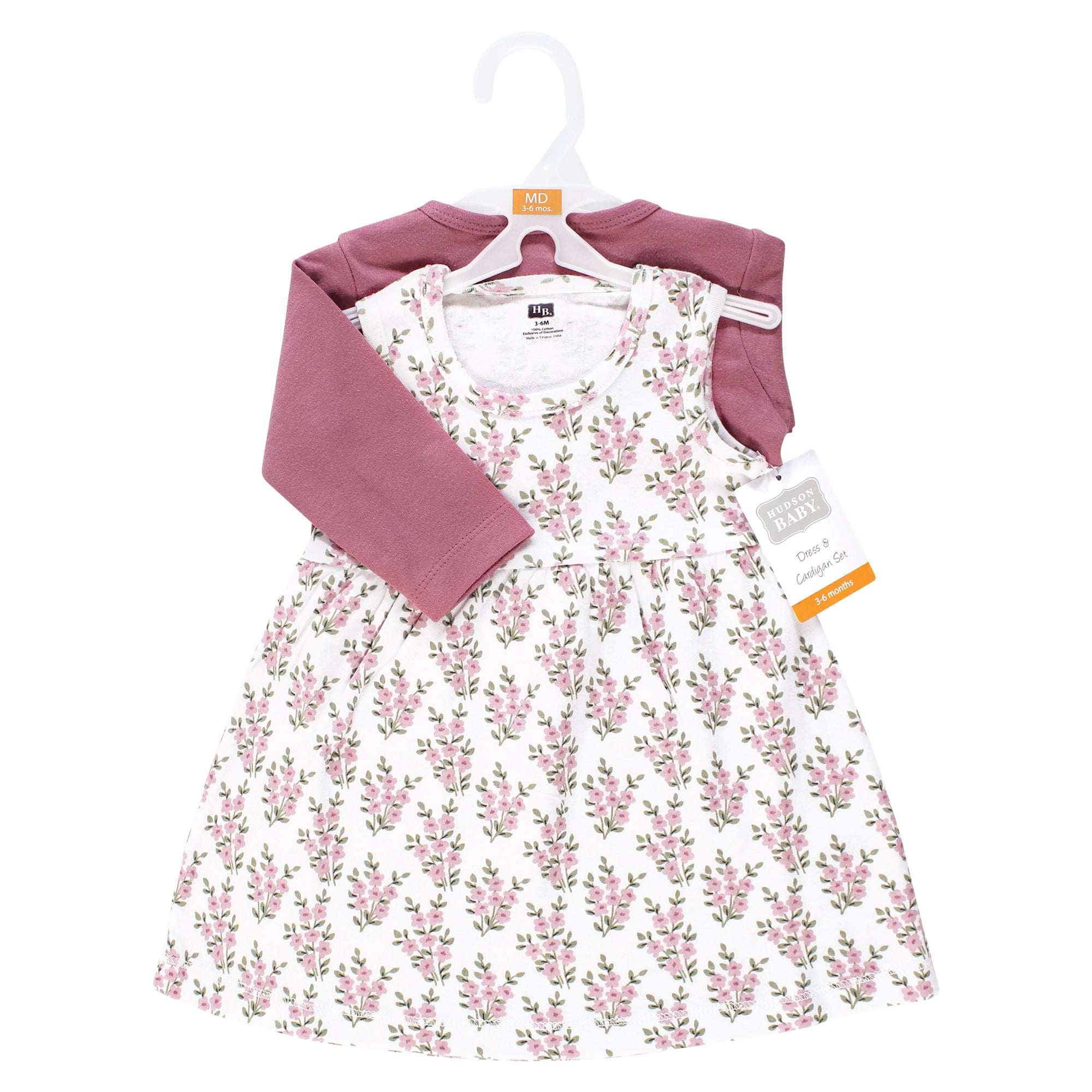 Hudson Baby Infant and Toddler Girls Cotton Dress and Cardigan Set, Plum Wildflower, 3T