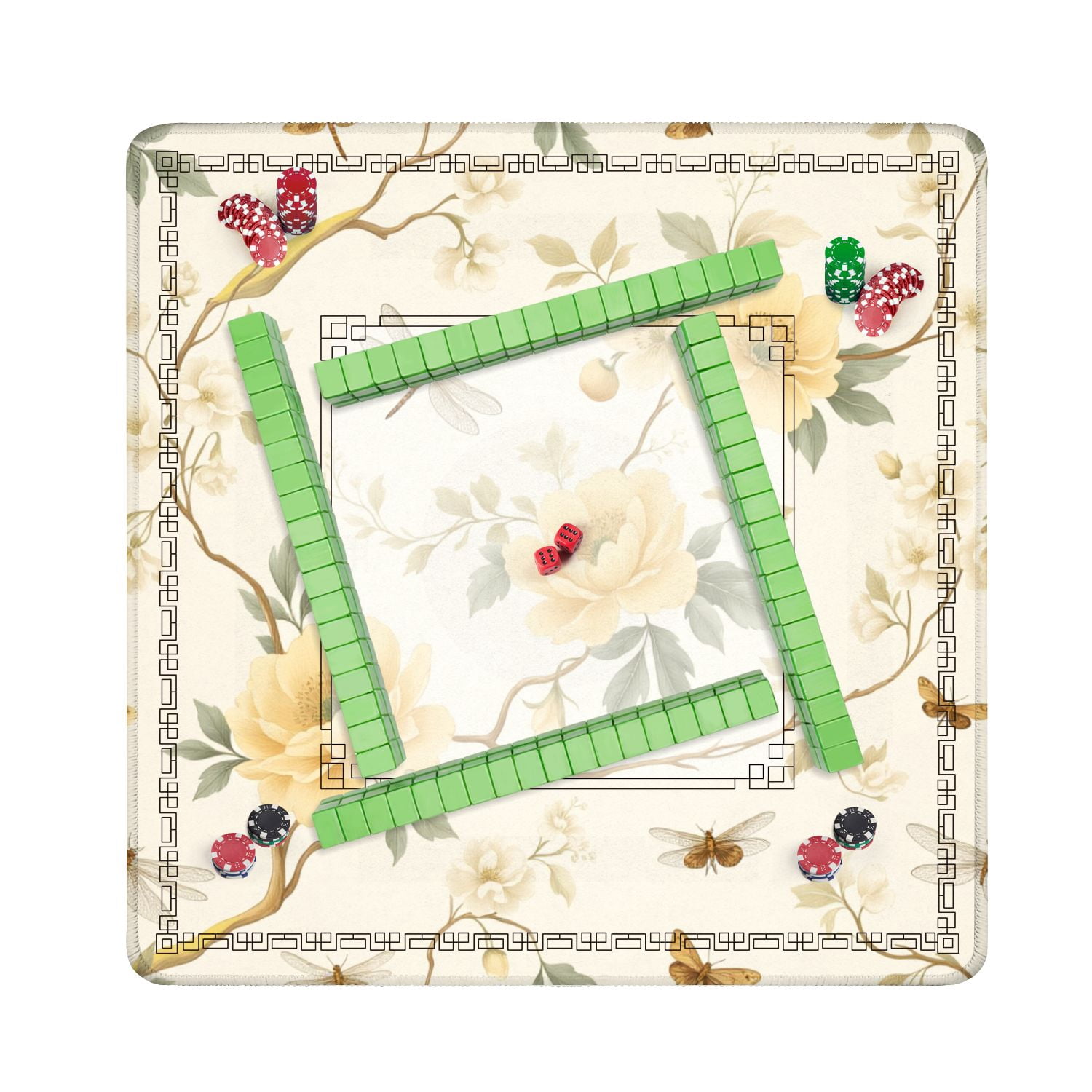 Mahjong Mat 31.5" x 31.5" Yellow Floral Dragonflies Butterflies Cream Non-Slip Noise Reduction American Mahjong Tiles Table Cover for Dominoes Poker Card Board Games Gift