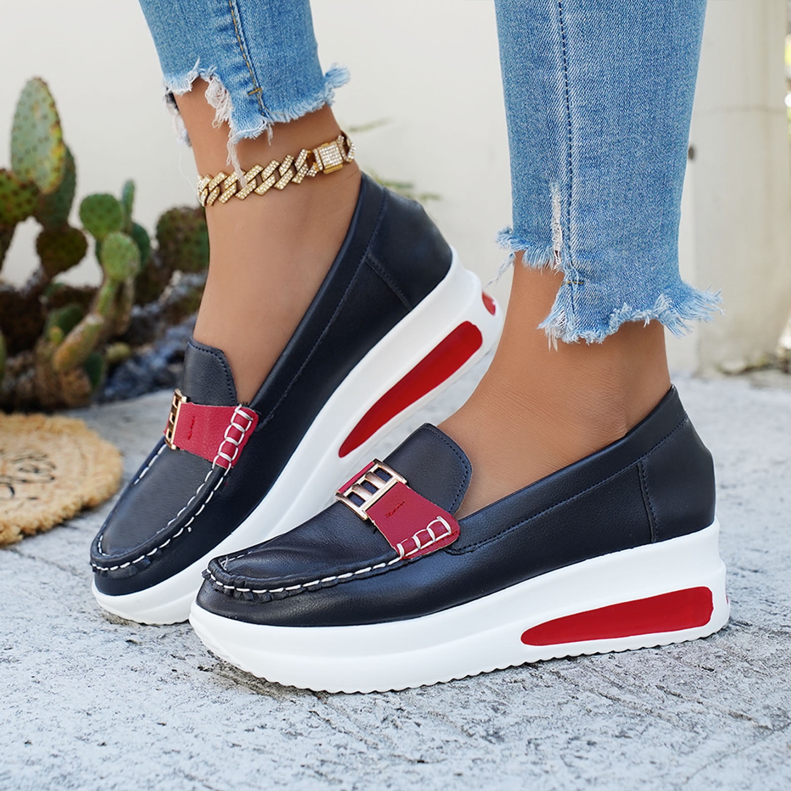 Rokment Women's Platform Wedge Walking Shoes Low Top Fashion Sneakers 2026 Spring Fall Leather Chunky High Heel Slip-on Nursing Work Loafers Red Size 7.5
