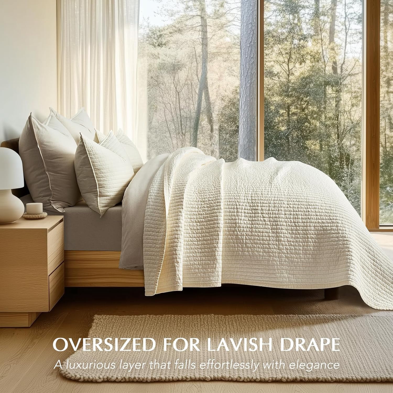 EVERGRACE Cotton Sateen Quilt Set King Size, Pre-Washed Cotton Channel Stitch Coverlet Bedspread, 3 Pieces Lightweight Soft Bedding Sets for All Season, with 2 Pillow Shams, Cream