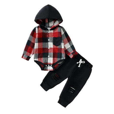 

KIMI BEAR Newborn Baby Boys Pant Sets 0-3 Months Fall Winter Outfits Long Sleeves Plaid Hoodie Shirt Button Romper Ripped Pants 2PCS Sets Red
