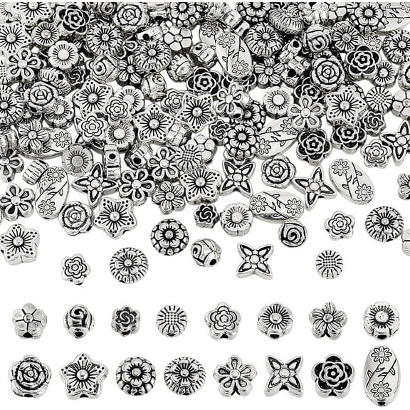 160Pcs Antique Silver Flower Beads 16 Styles Tibetan Style Flower Spacer Beads Metal Alloy Spacer Beads Small Loose Beads for DIY Jewelry Crafts Earring Bracelet Necklace Making