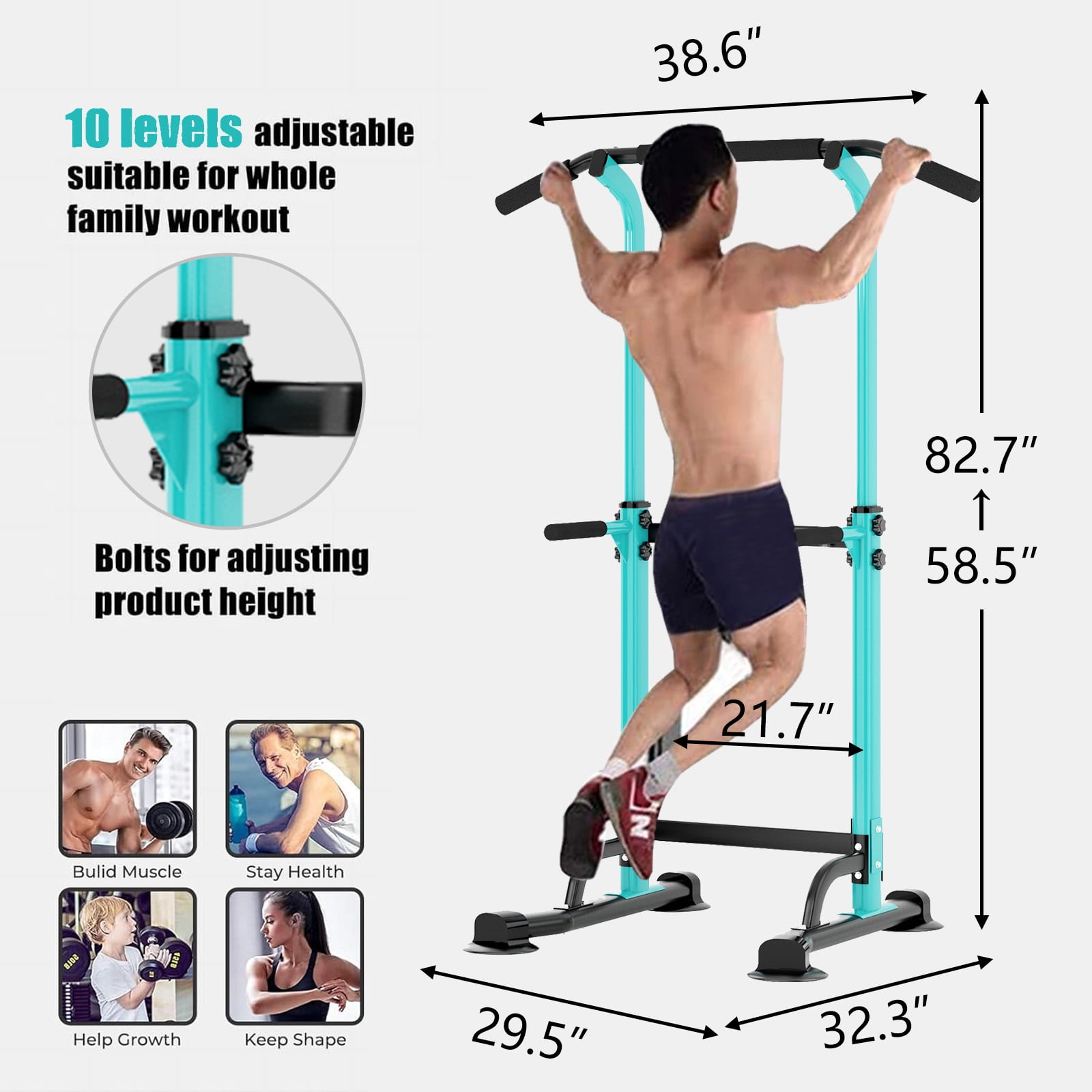 PROHIKER Power Tower Dip Station, Pull Up Bar Stand Power Rack with Backrest, Height Adjustable Strength Training Equipment for Fitness Home Workout, Blue