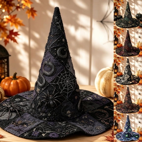 Witch Hat for Women Halloween Vintage Floral Pointed Wizard Hat Ghost Wide Brim Quilted Cosplay Costume Accessories Adults